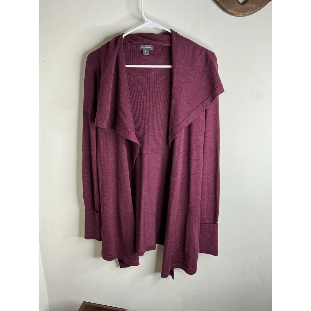 Eddie Bauer Maroon Merino Wool Blend Open FrontDrapeNeck Cardigan Sweater Medium